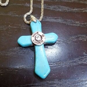 Turquoise Hawlite Cross Unisex Fashion Pendant Necklace with Bullet Accent